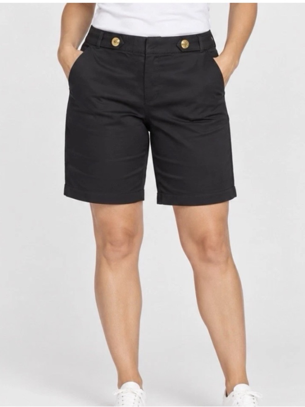 Susan Graver Weekend Stretch Cotton Bermuda Shorts Tab Black, Size M -A724965